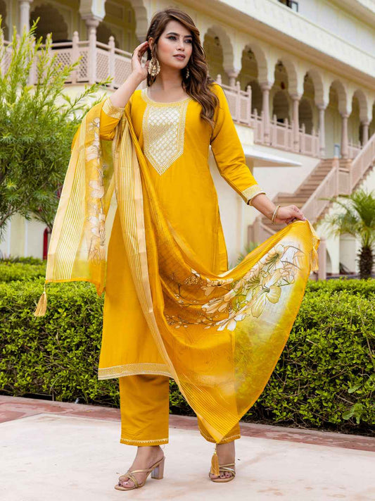 Abhilasha Women’s Viscose Roman Silk Embroidery Straight Kurta Pant with Dupatta Set