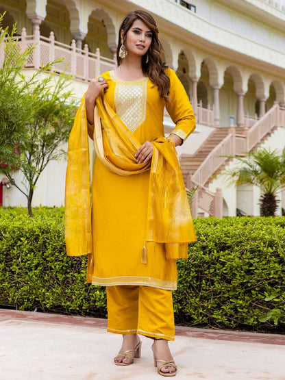 Abhilasha Women’s Viscose Roman Silk Embroidery Straight Kurta Pant with Dupatta Set