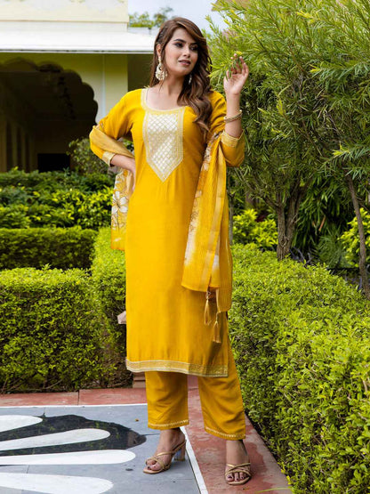 Abhilasha Women’s Viscose Roman Silk Embroidery Straight Kurta Pant with Dupatta Set