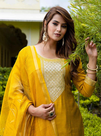 Abhilasha Women’s Viscose Roman Silk Embroidery Straight Kurta Pant with Dupatta Set