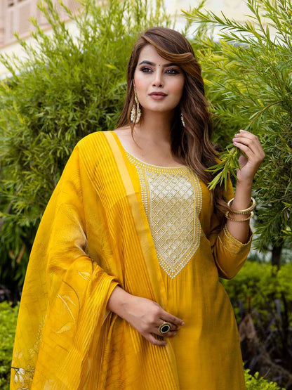 Abhilasha Women’s Viscose Roman Silk Embroidery Straight Kurta Pant with Dupatta Set