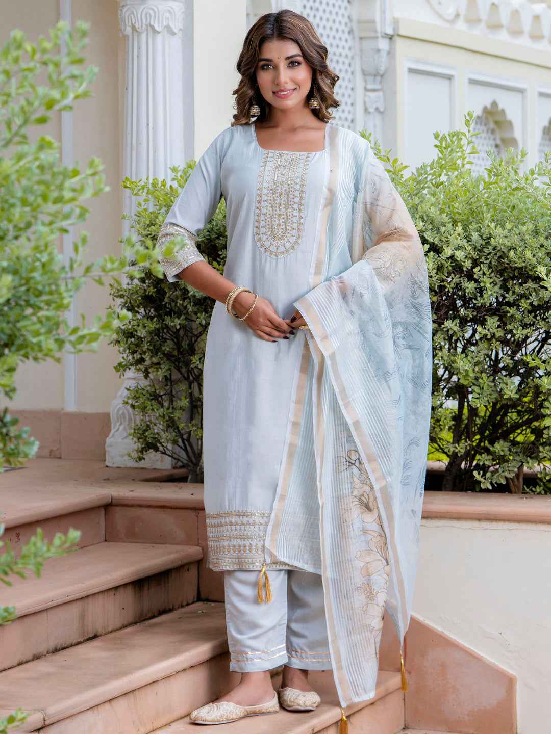 Agni Women’s Viscose Roman Silk Embroidery Straight Kurta Pant with Dupatta Set