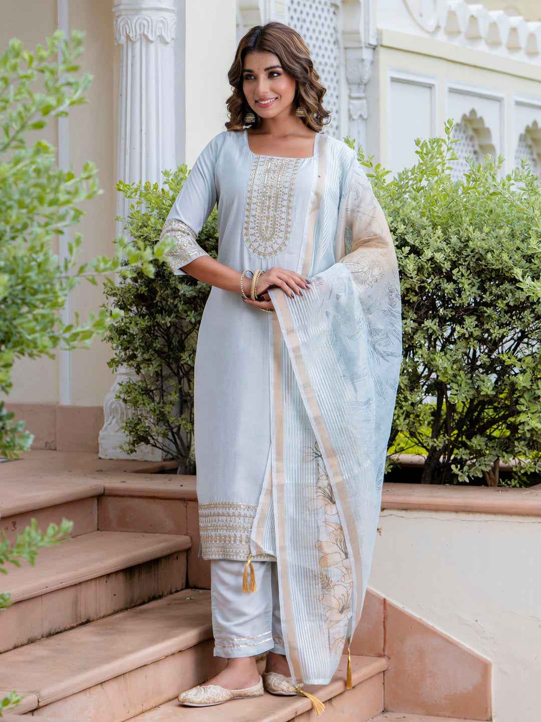 Agni Women’s Viscose Roman Silk Embroidery Straight Kurta Pant with Dupatta Set