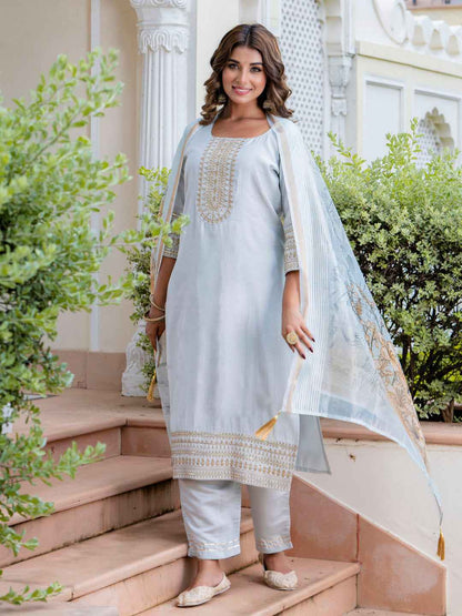 Agni Women’s Viscose Roman Silk Embroidery Straight Kurta Pant with Dupatta Set