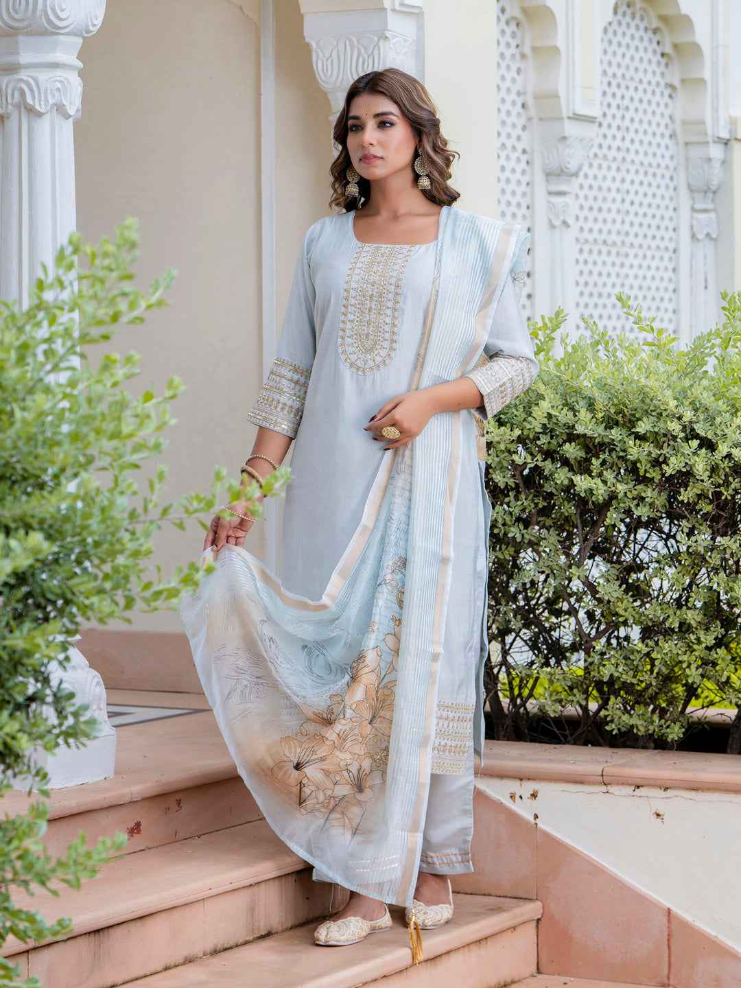 Agni Women’s Viscose Roman Silk Embroidery Straight Kurta Pant with Dupatta Set