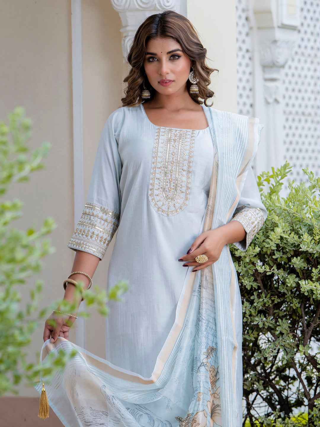 Agni Women’s Viscose Roman Silk Embroidery Straight Kurta Pant with Dupatta Set