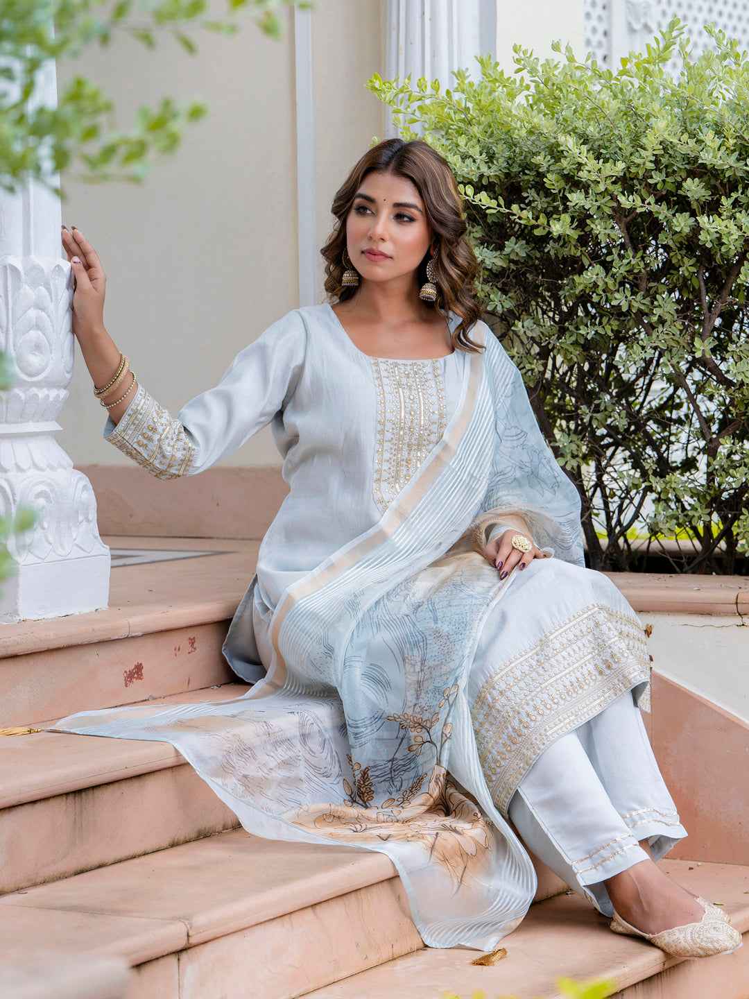 Agni Women’s Viscose Roman Silk Embroidery Straight Kurta Pant with Dupatta Set