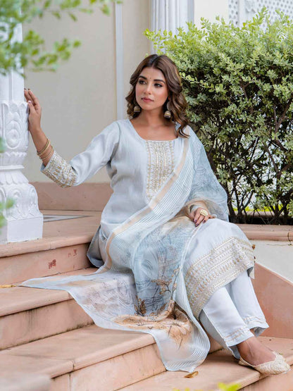 Agni Women’s Viscose Roman Silk Embroidery Straight Kurta Pant with Dupatta Set