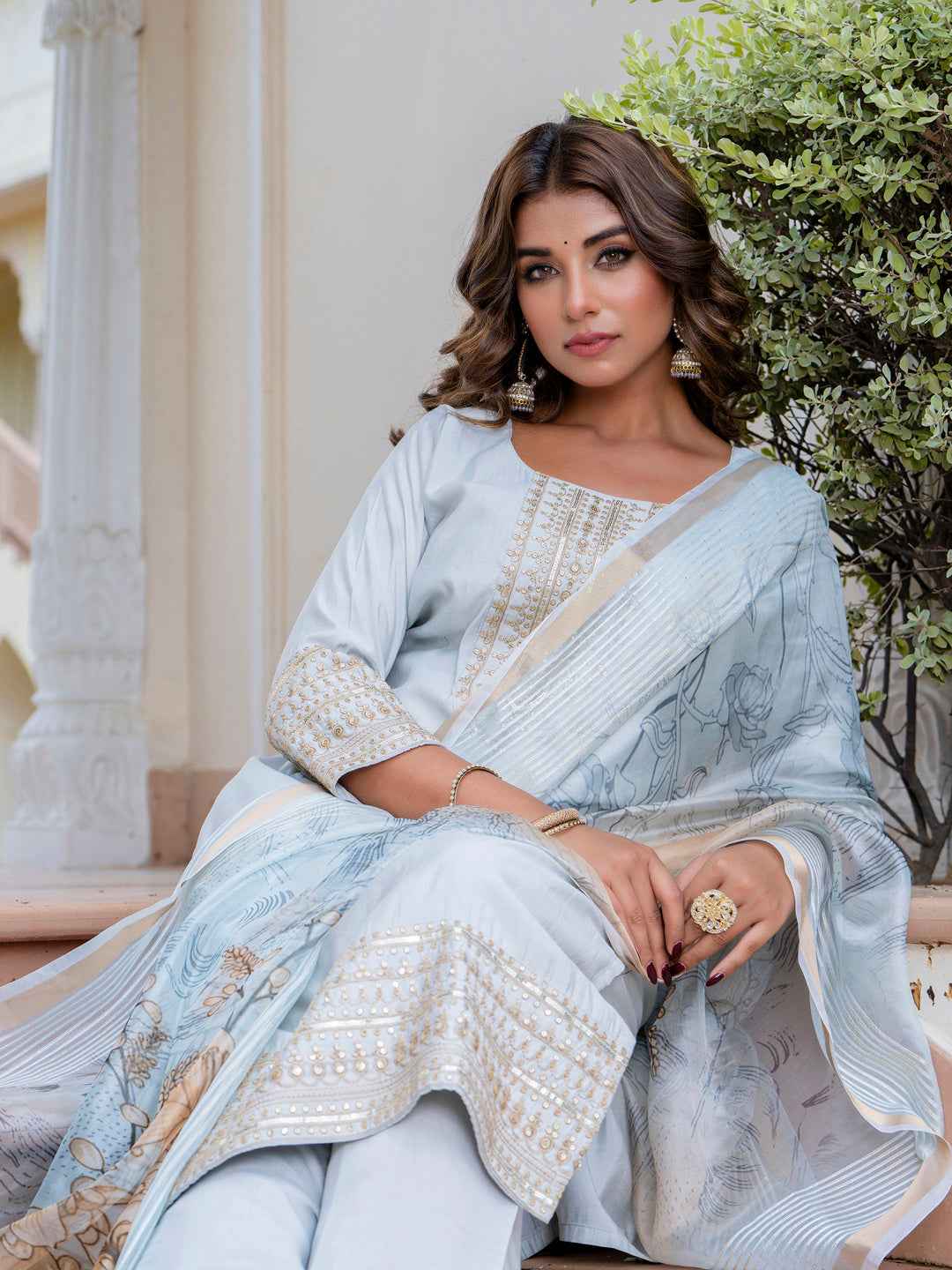 Agni Women’s Viscose Roman Silk Embroidery Straight Kurta Pant with Dupatta Set