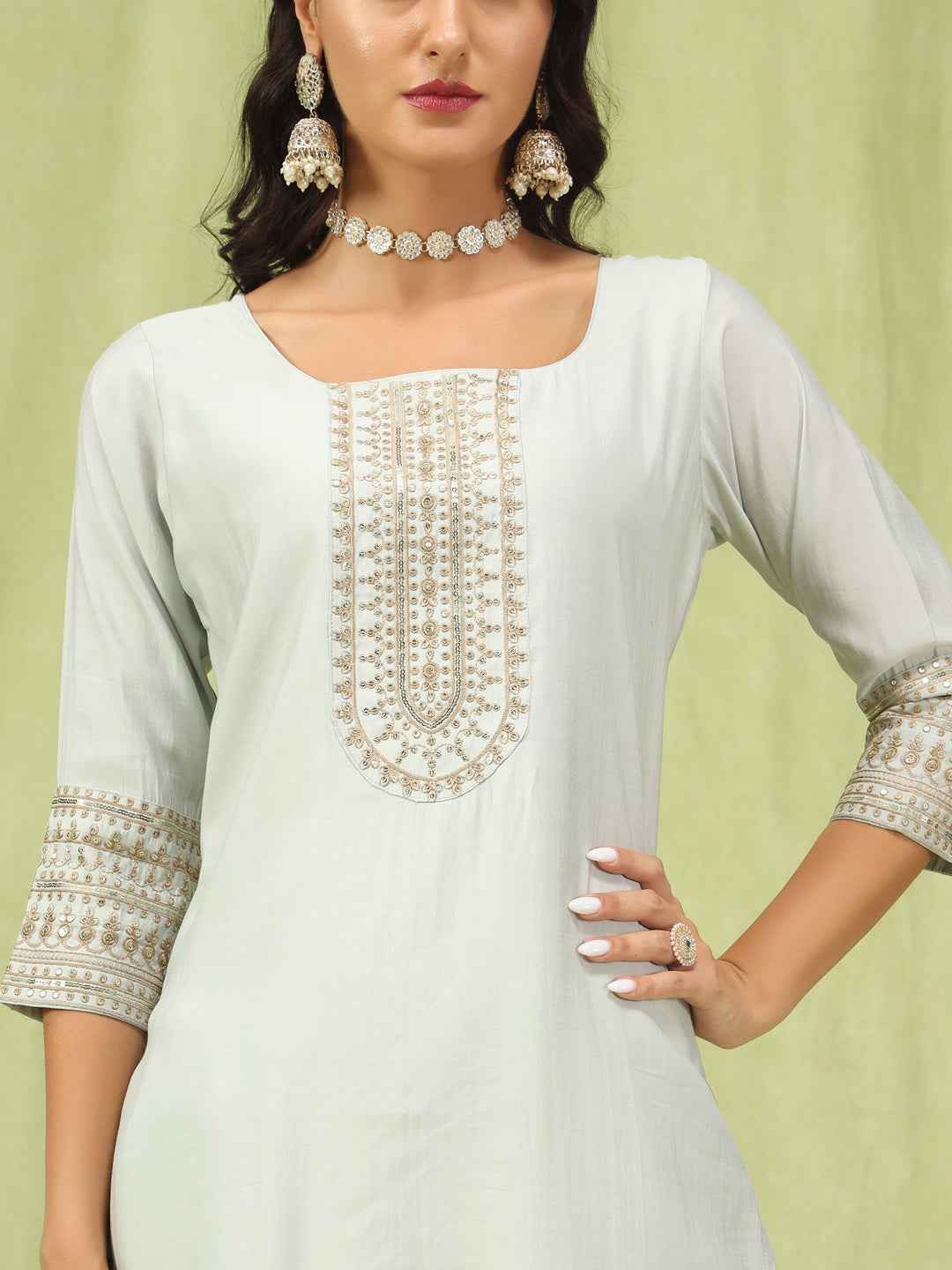 Aditi Women’s Viscose Roman Silk Embroidery Straight Kurta Pant with Dupatta Set