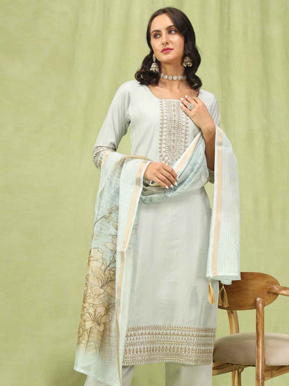 Aditi Women’s Viscose Roman Silk Embroidery Straight Kurta Pant with Dupatta Set