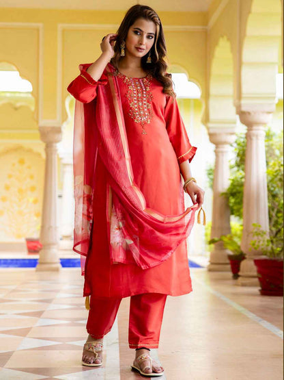 Aishwarya Women’s Viscose Roman Silk Embroidery Straight Kurta Pant with Dupatta Set