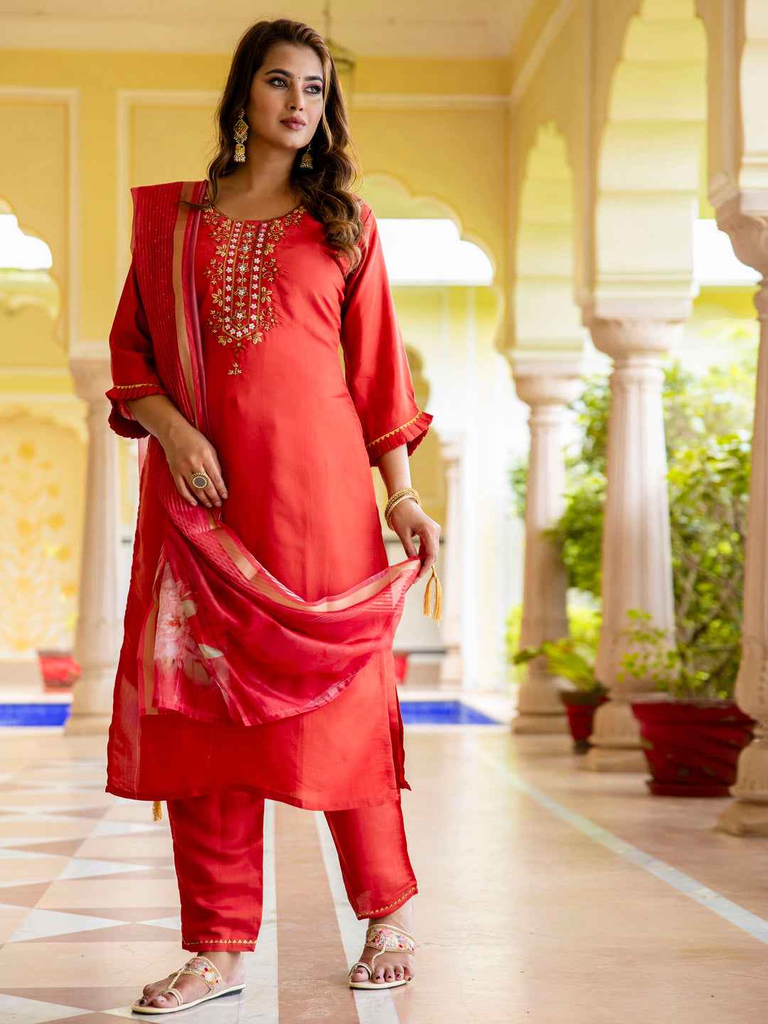 Aishwarya Women’s Viscose Roman Silk Embroidery Straight Kurta Pant with Dupatta Set