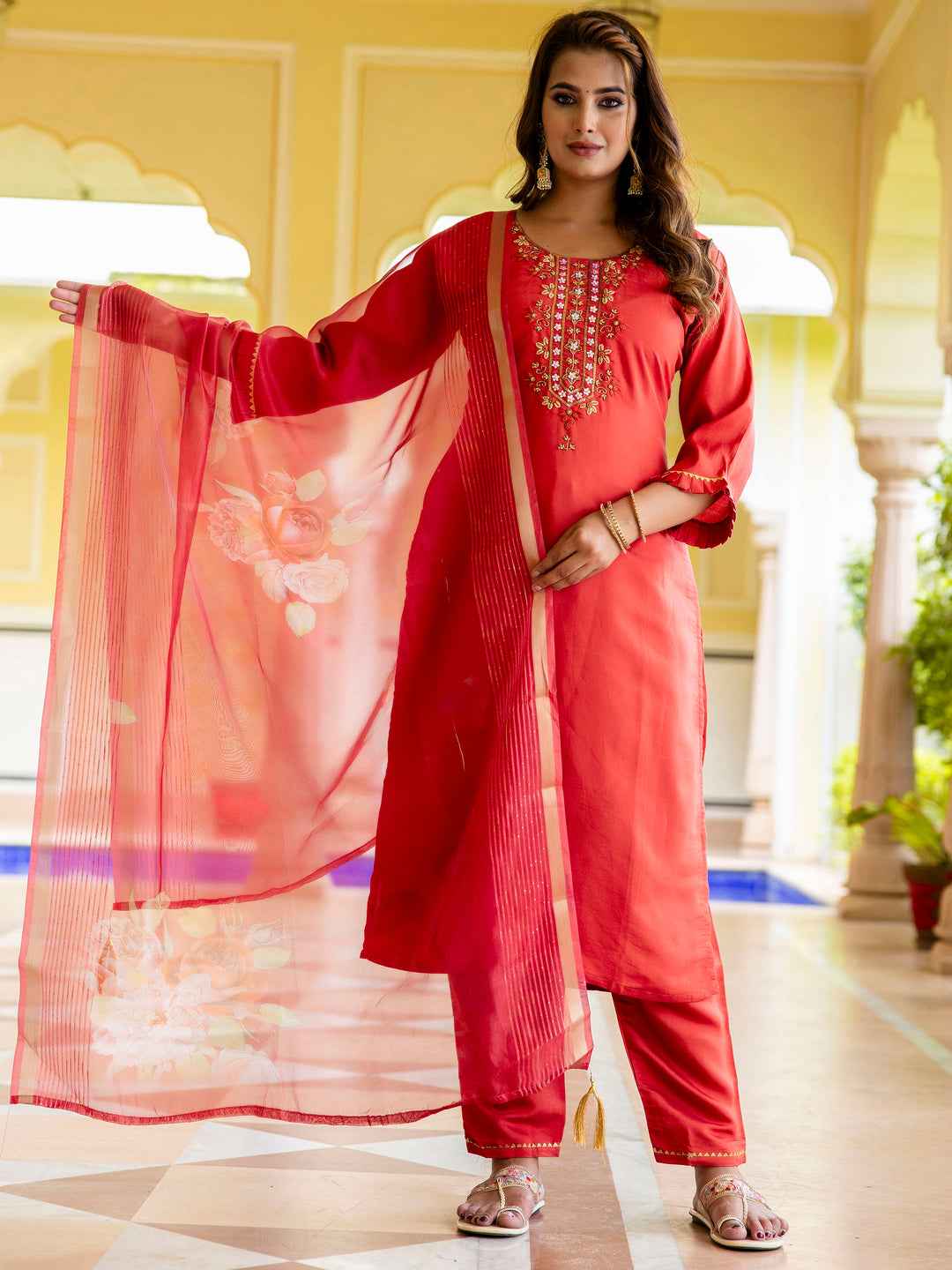 Aishwarya Women’s Viscose Roman Silk Embroidery Straight Kurta Pant with Dupatta Set