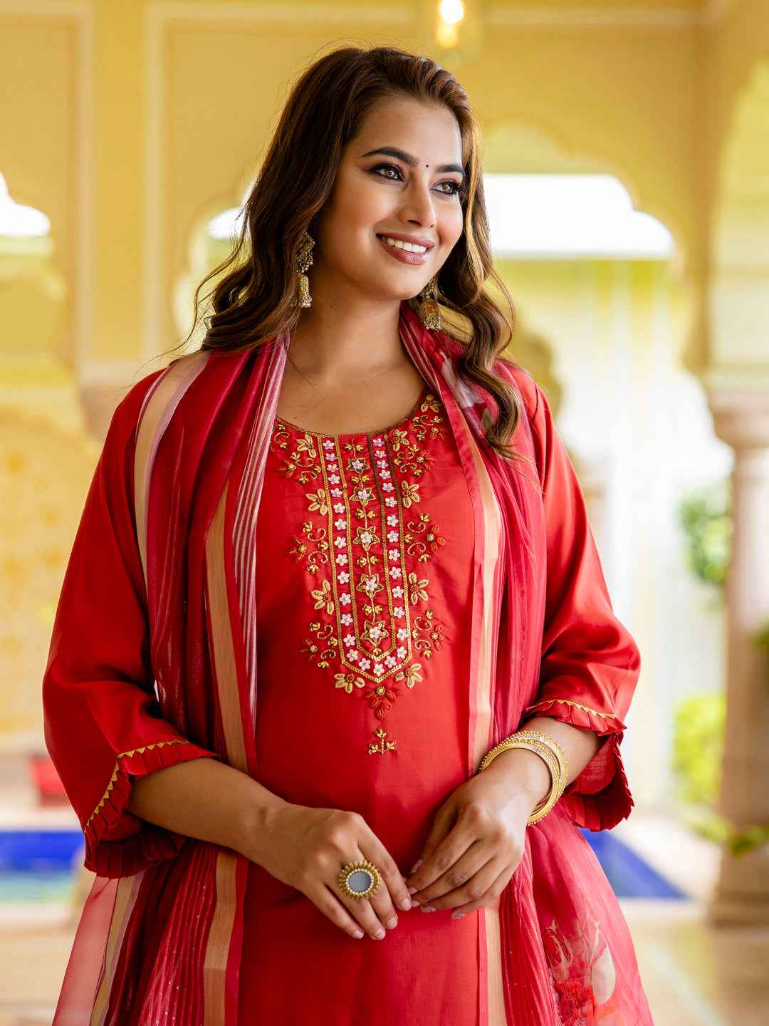 Aishwarya Women’s Viscose Roman Silk Embroidery Straight Kurta Pant with Dupatta Set