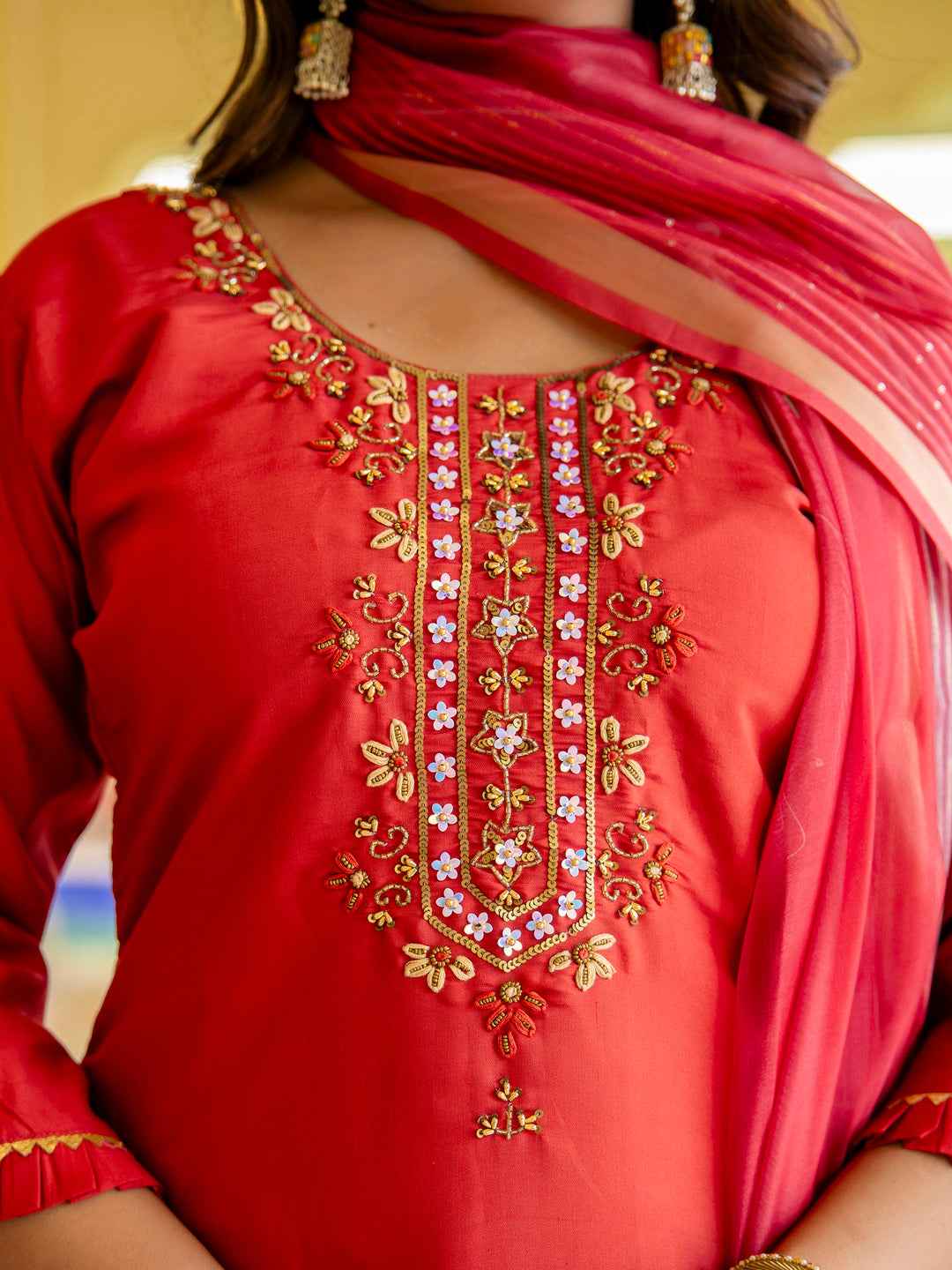 Aishwarya Women’s Viscose Roman Silk Embroidery Straight Kurta Pant with Dupatta Set