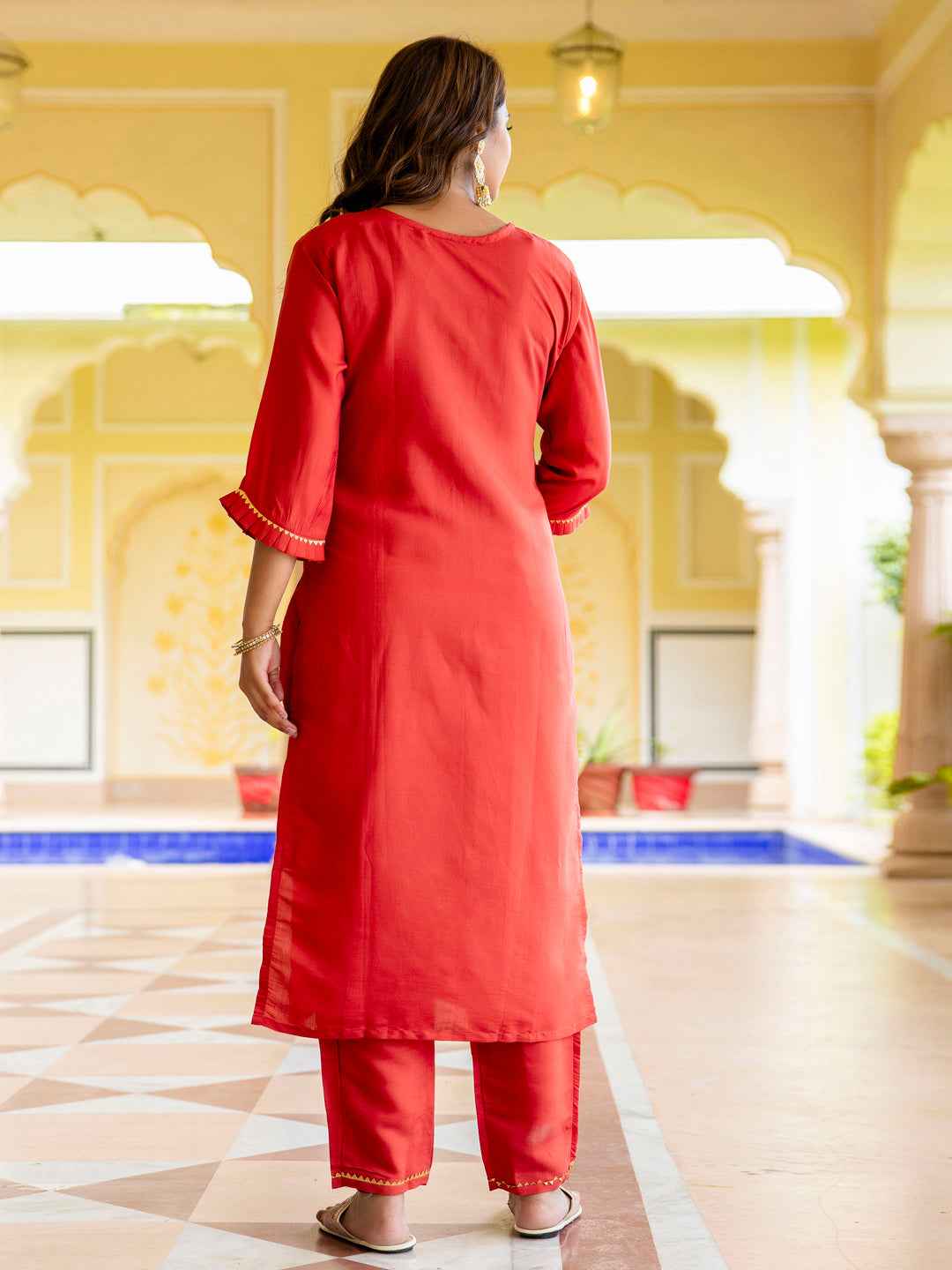 Aishwarya Women’s Viscose Roman Silk Embroidery Straight Kurta Pant with Dupatta Set