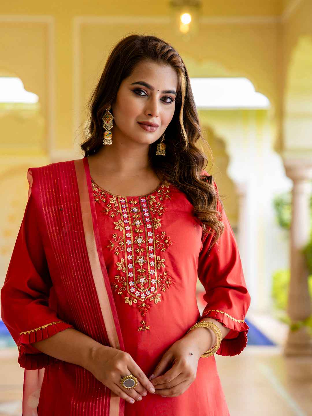 Aishwarya Women’s Viscose Roman Silk Embroidery Straight Kurta Pant with Dupatta Set