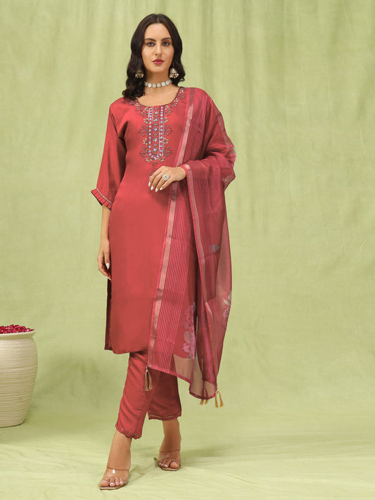 Nirali Women’s Viscose Roman Silk Embroidery Straight Kurta Pant with Dupatta Set - FitVibe Fashion