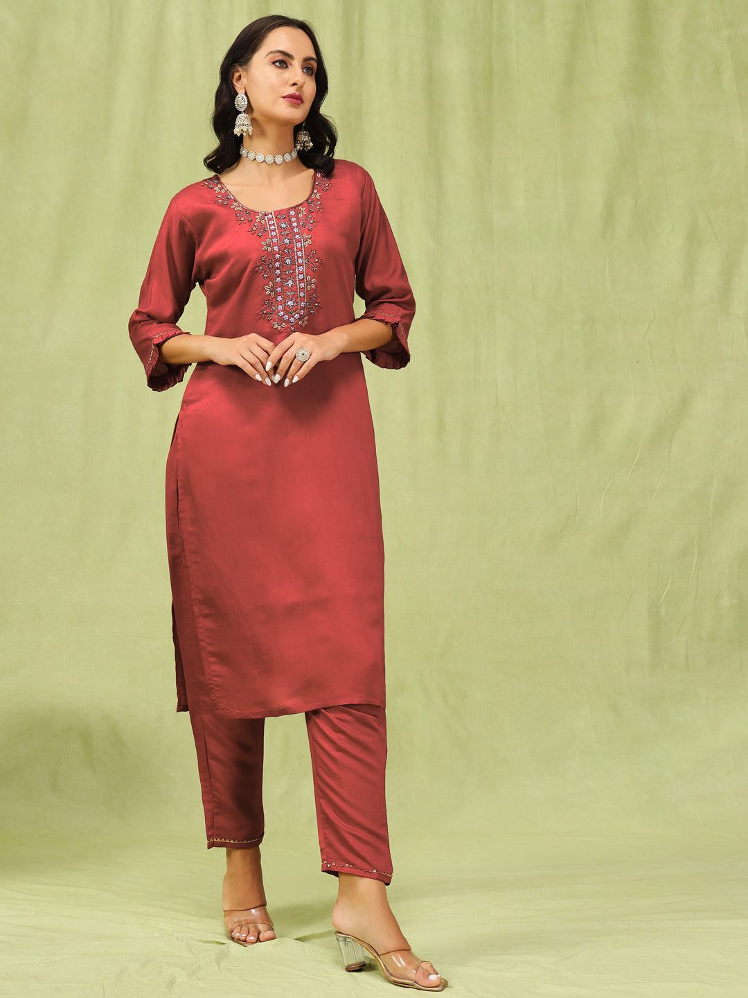 Nirali Women’s Viscose Roman Silk Embroidery Straight Kurta Pant with Dupatta Set - FitVibe Fashion