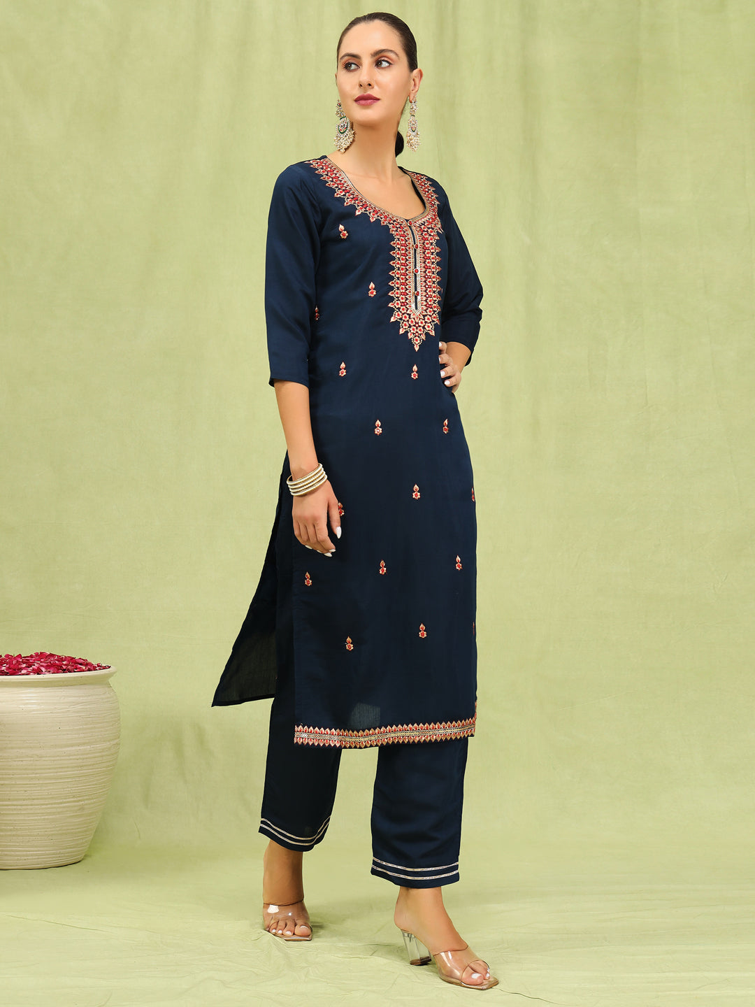 Priyanshi Women’s Viscose Roman Silk Embroidery Straight Kurta Pant with Dupatta Set - FitVibe Fashion