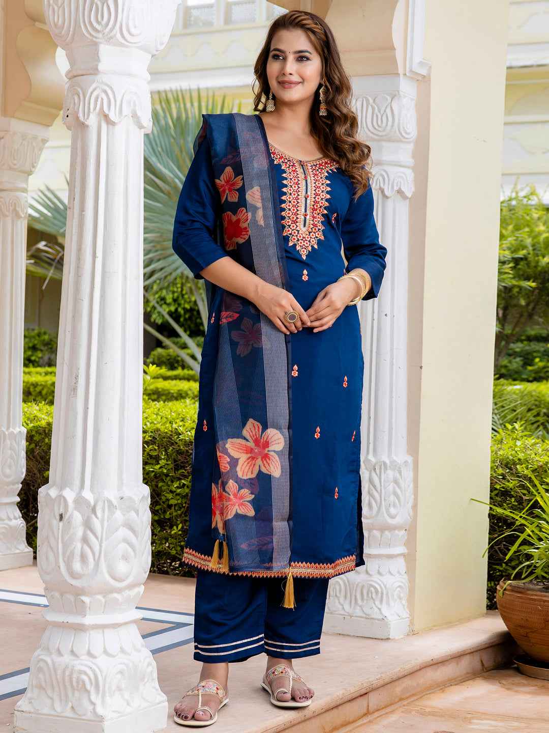 Akruti Women’s Viscose Roman Silk Embroidery Straight Kurta Pant with Dupatta Set