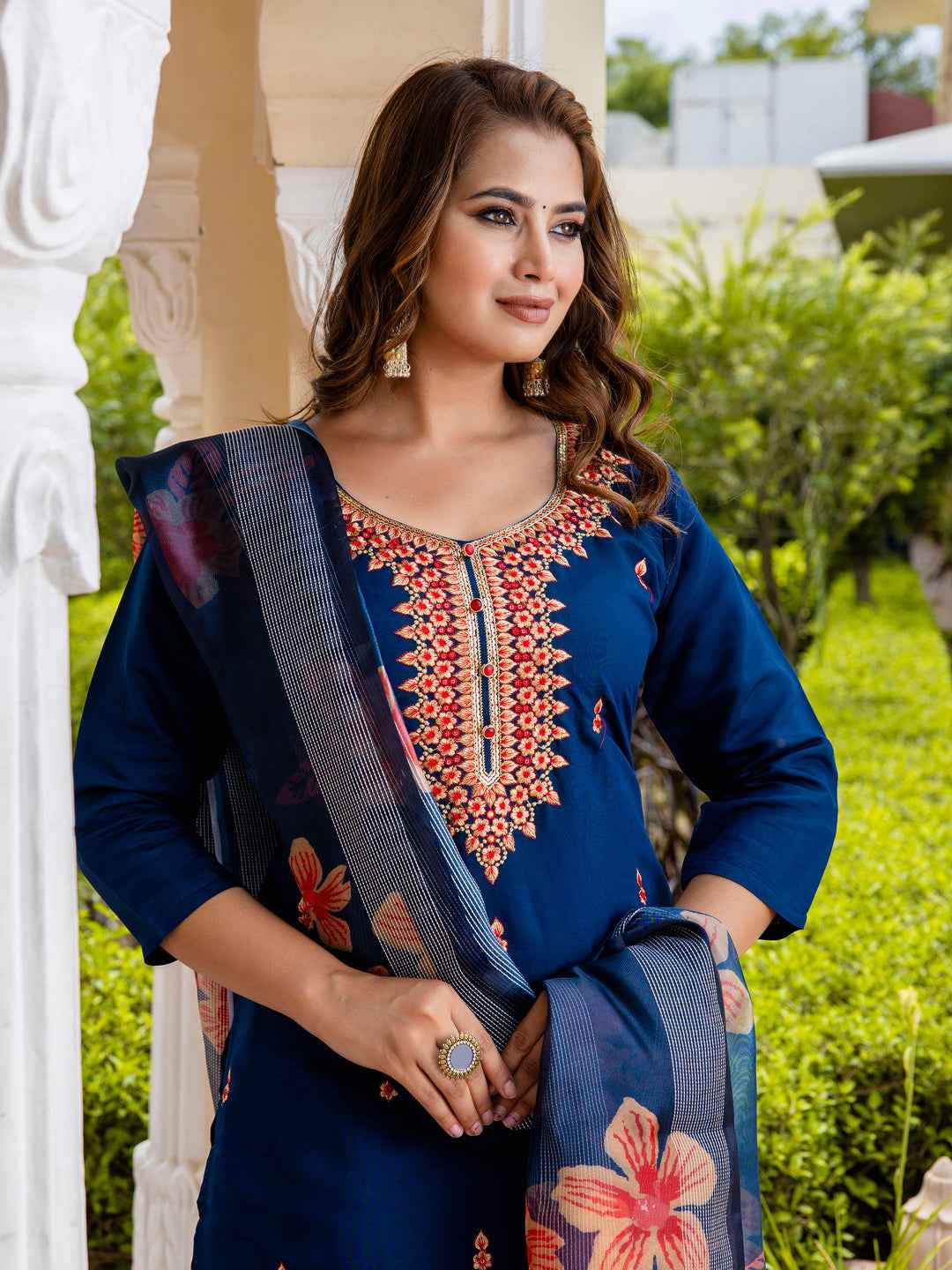 Akruti Women’s Viscose Roman Silk Embroidery Straight Kurta Pant with Dupatta Set