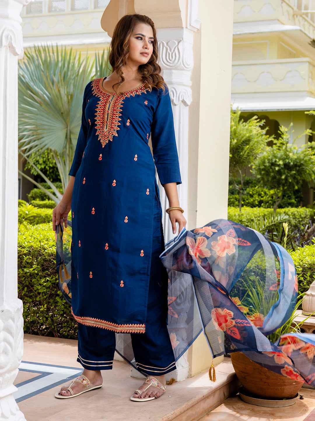 Akruti Women’s Viscose Roman Silk Embroidery Straight Kurta Pant with Dupatta Set