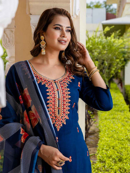 Akruti Women’s Viscose Roman Silk Embroidery Straight Kurta Pant with Dupatta Set