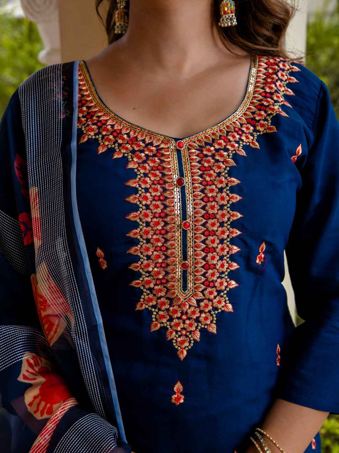 Akruti Women’s Viscose Roman Silk Embroidery Straight Kurta Pant with Dupatta Set