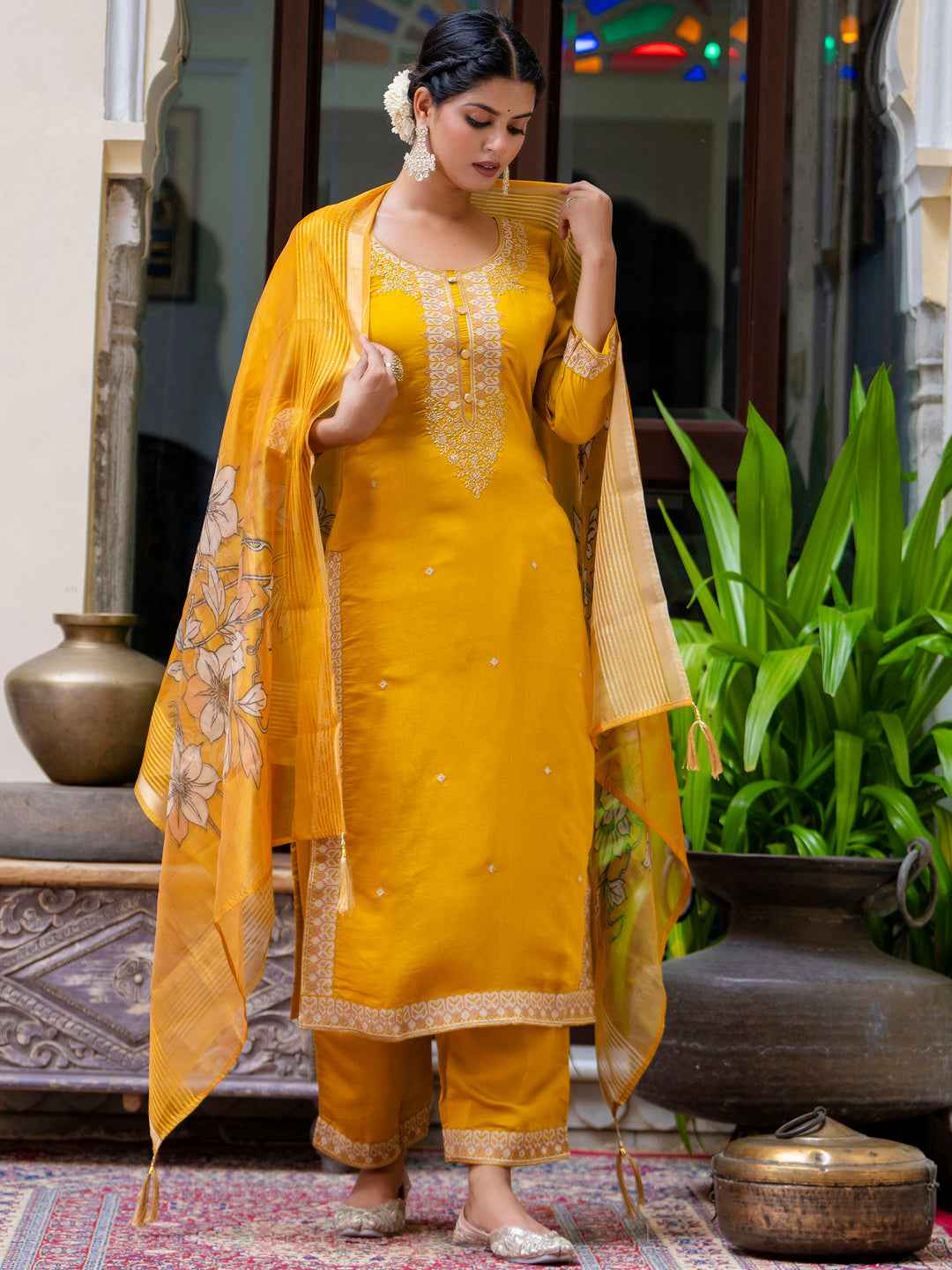 Akshara Women’s Viscose Roman Silk Embroidery Straight Kurta Pant with Dupatta Set