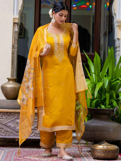 Akshara Women’s Viscose Roman Silk Embroidery Straight Kurta Pant with Dupatta Set