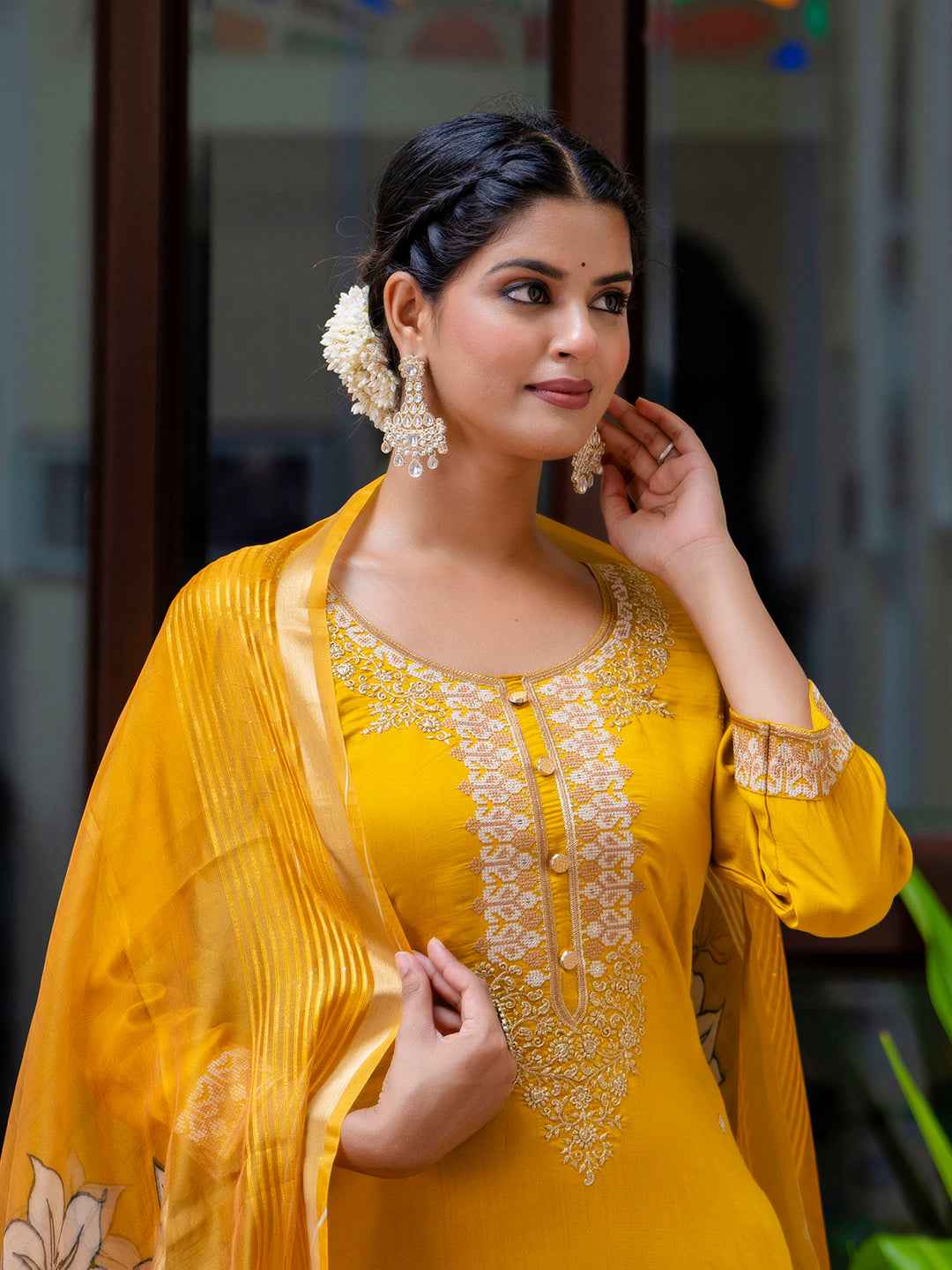 Akshara Women’s Viscose Roman Silk Embroidery Straight Kurta Pant with Dupatta Set