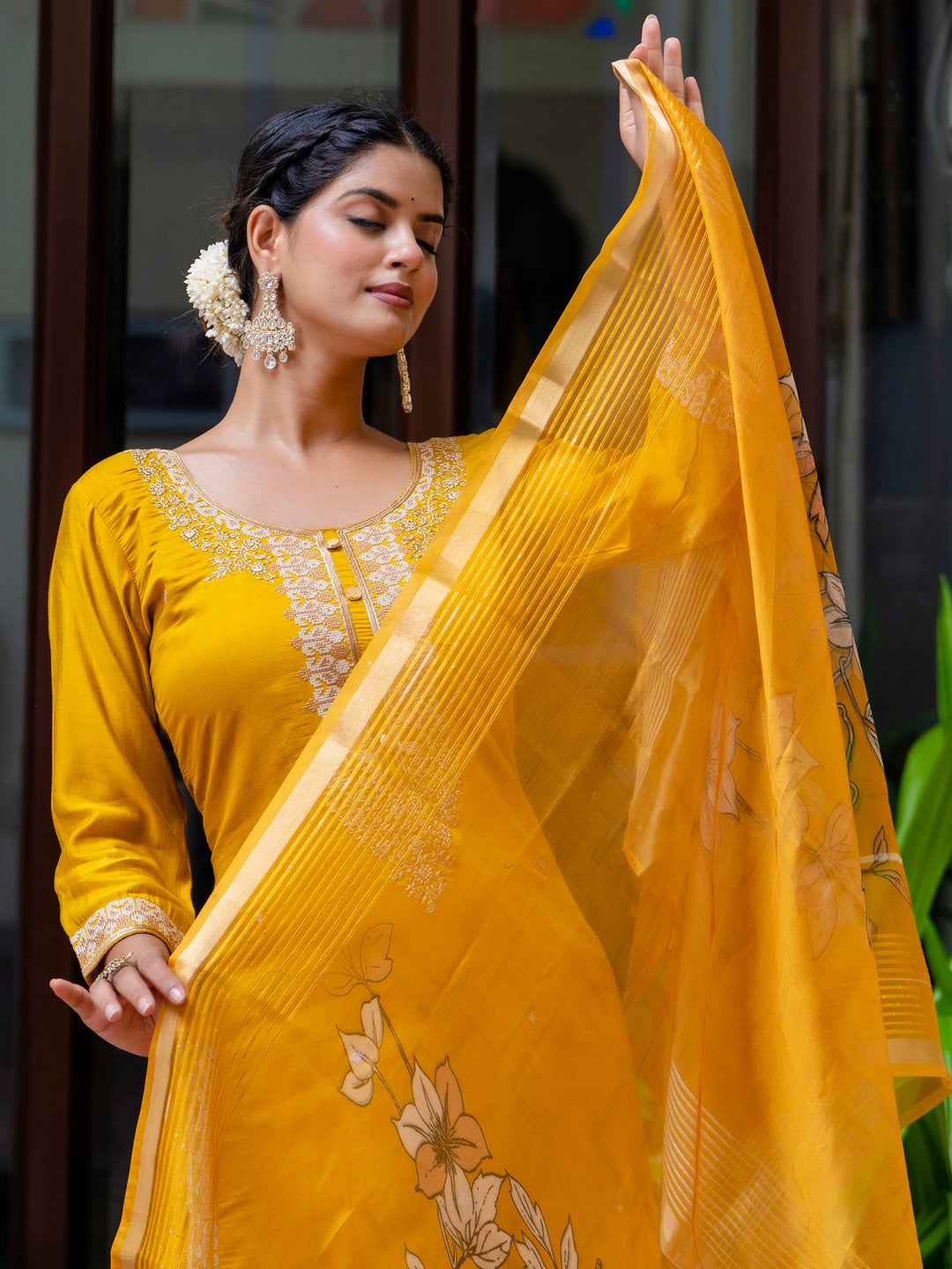 Akshara Women’s Viscose Roman Silk Embroidery Straight Kurta Pant with Dupatta Set