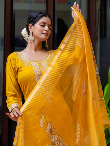 Akshara Women’s Viscose Roman Silk Embroidery Straight Kurta Pant with Dupatta Set