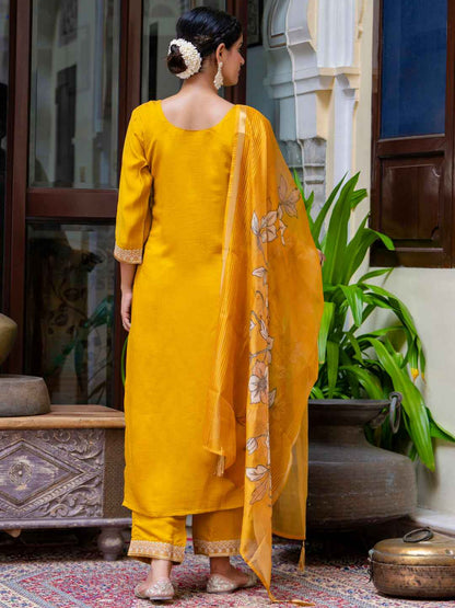 Akshara Women’s Viscose Roman Silk Embroidery Straight Kurta Pant with Dupatta Set