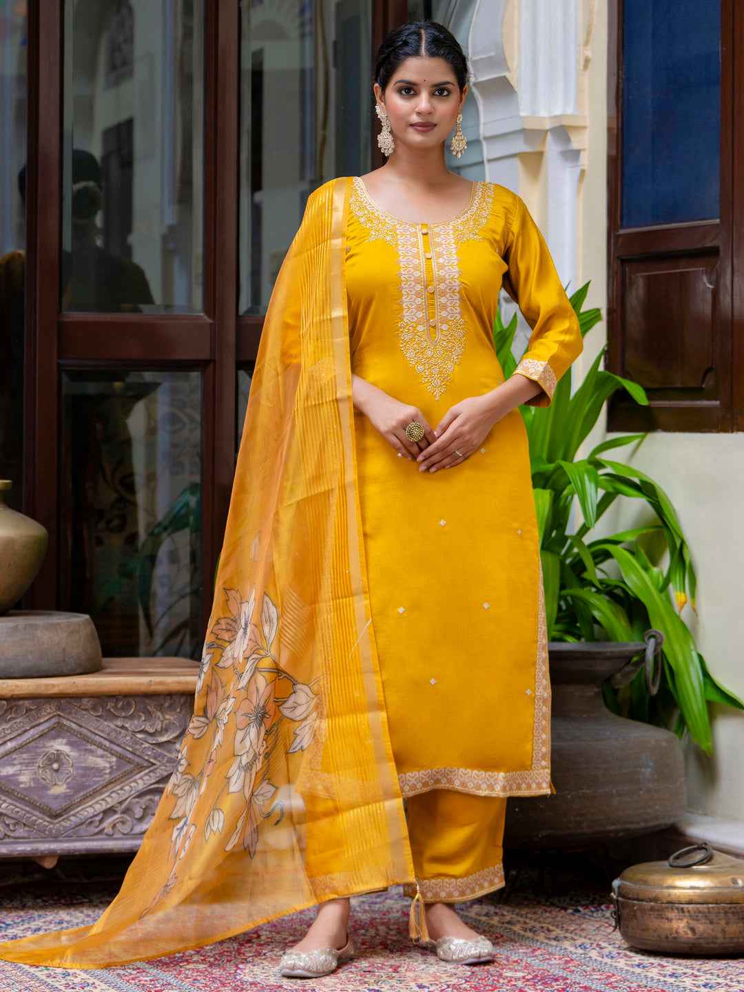 Akshara Women’s Viscose Roman Silk Embroidery Straight Kurta Pant with Dupatta Set