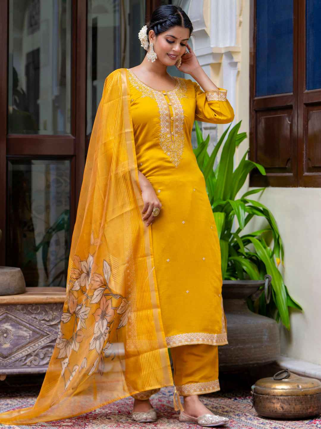 Akshara Women’s Viscose Roman Silk Embroidery Straight Kurta Pant with Dupatta Set