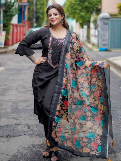 Amisha Women’s Viscose Roman Silk Embroidery Straight Kurta Pant with Dupatta Set