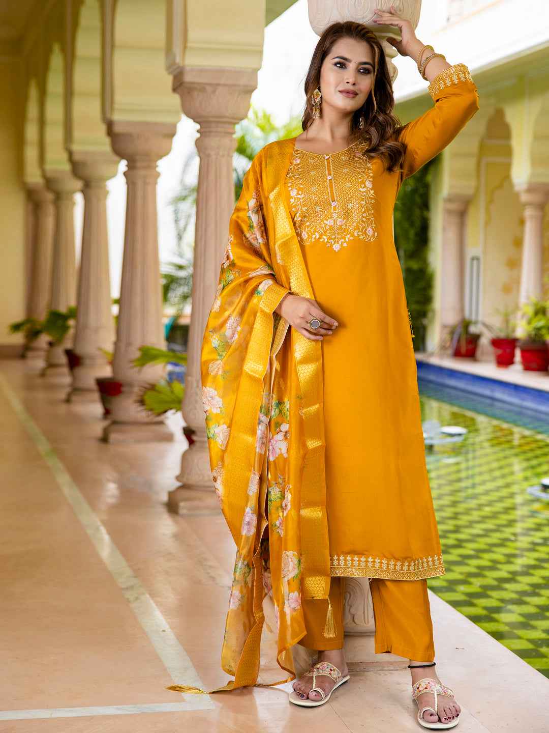 Alisha Women’s Viscose Roman Silk Embroidery Straight Kurta Pant with Dupatta Set