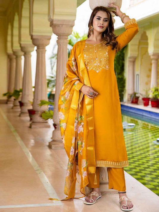 Alisha Women’s Viscose Roman Silk Embroidery Straight Kurta Pant with Dupatta Set