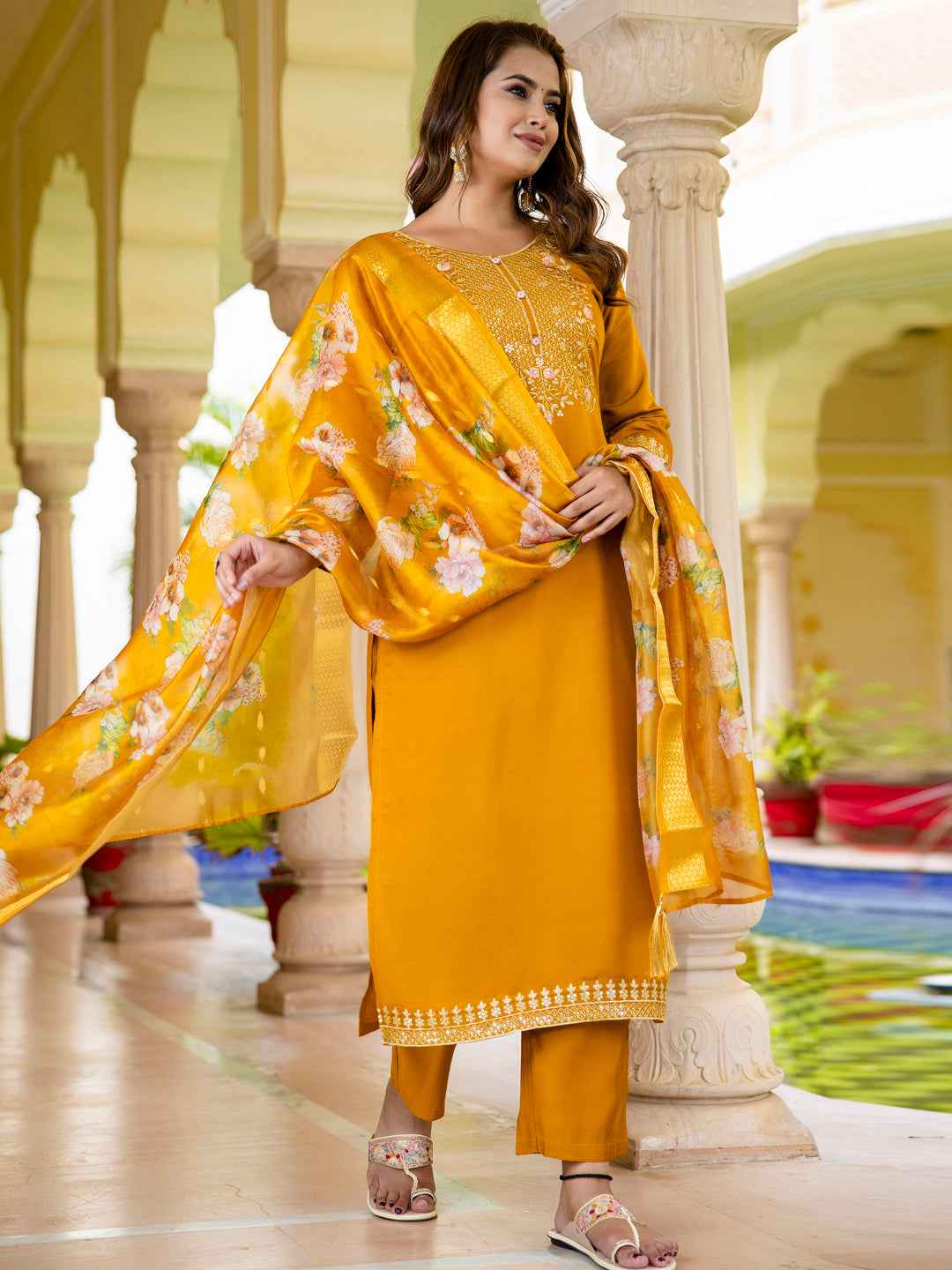 Alisha Women’s Viscose Roman Silk Embroidery Straight Kurta Pant with Dupatta Set