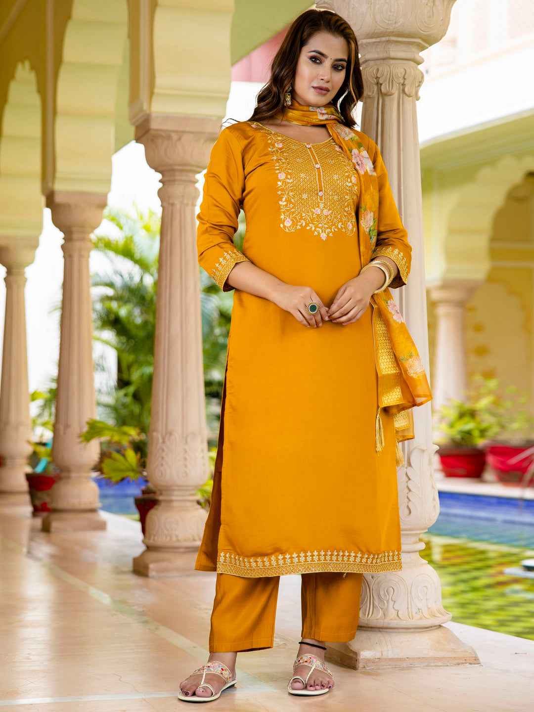 Alisha Women’s Viscose Roman Silk Embroidery Straight Kurta Pant with Dupatta Set