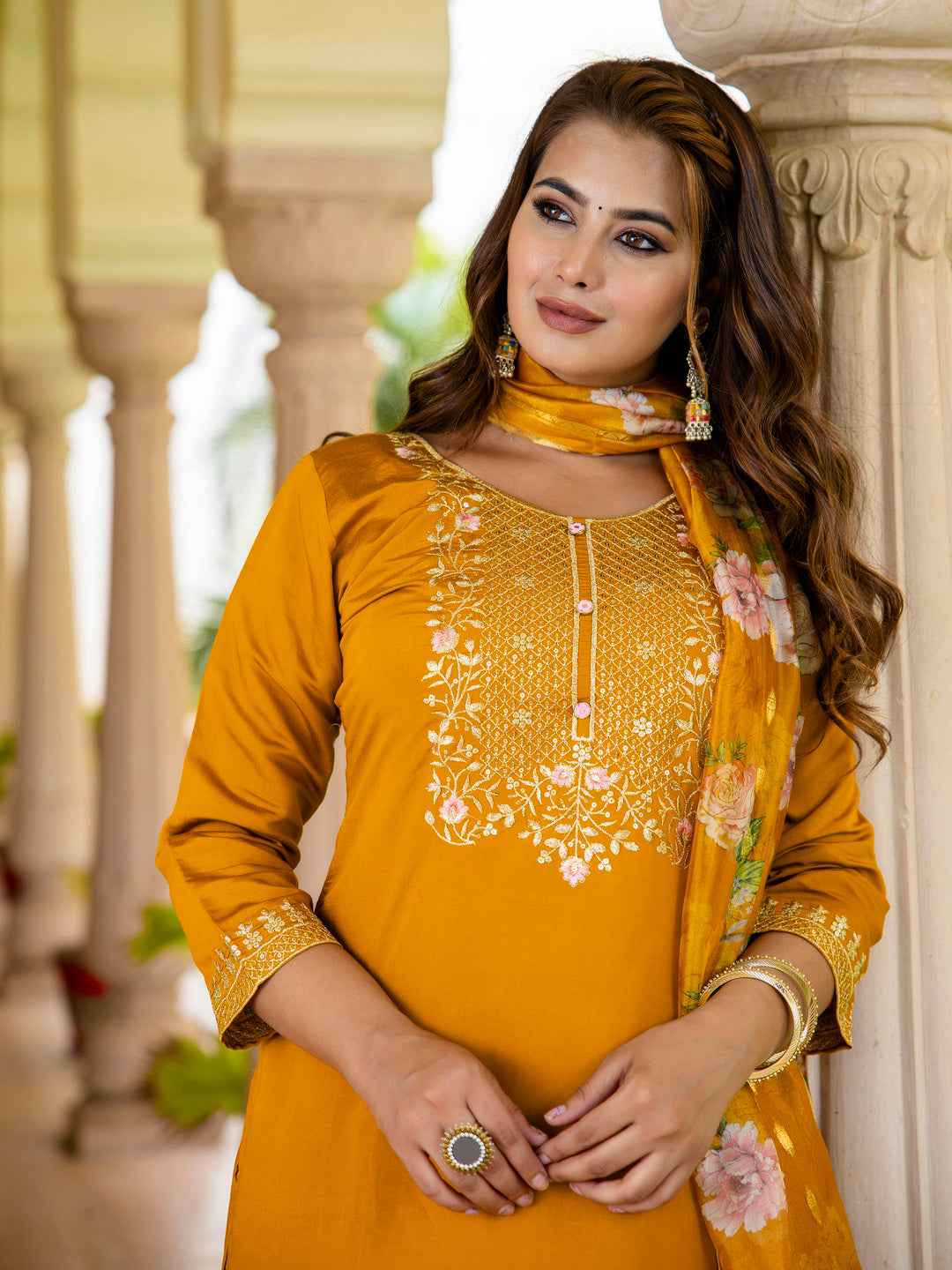 Alisha Women’s Viscose Roman Silk Embroidery Straight Kurta Pant with Dupatta Set