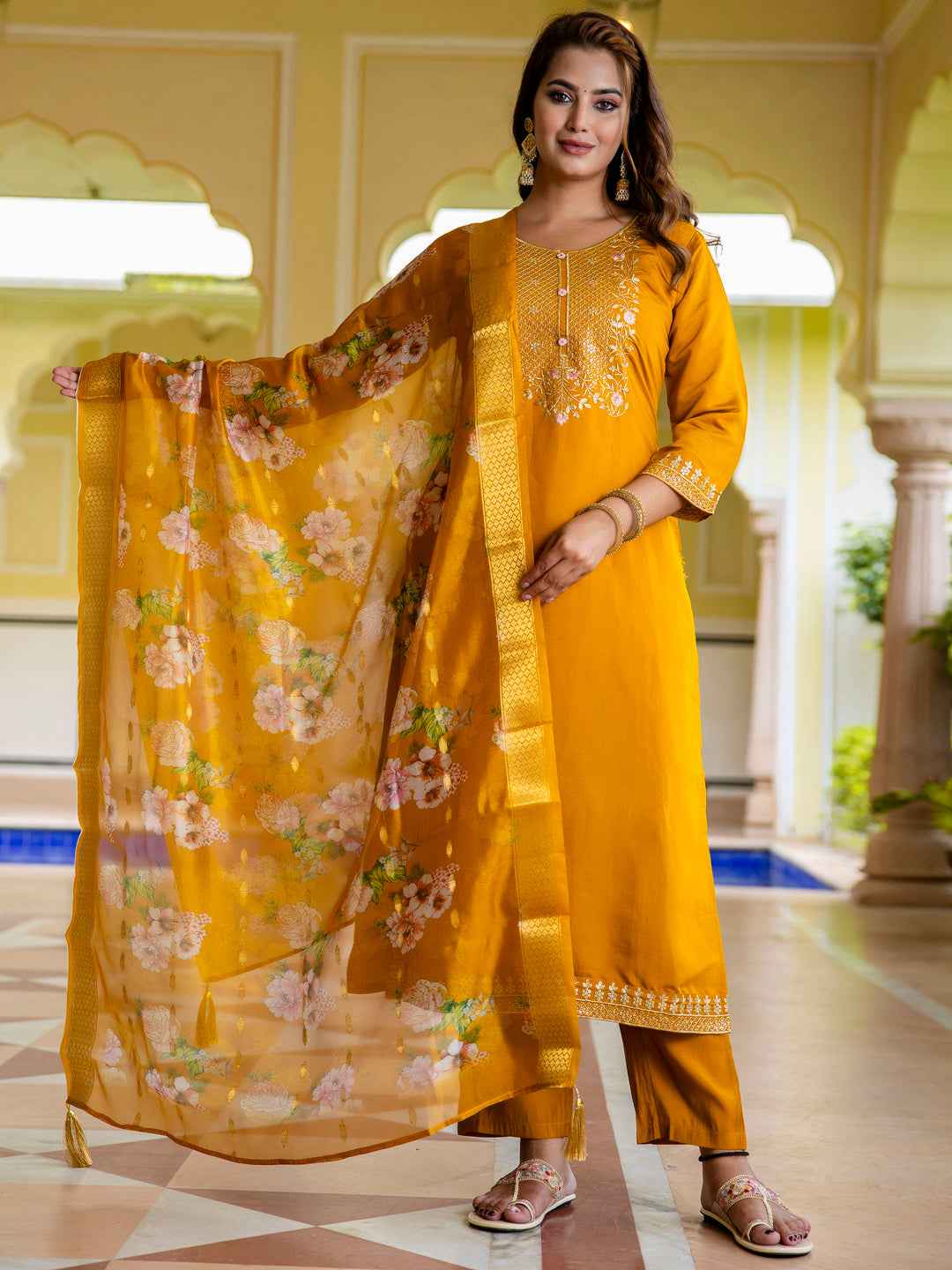 Alisha Women’s Viscose Roman Silk Embroidery Straight Kurta Pant with Dupatta Set