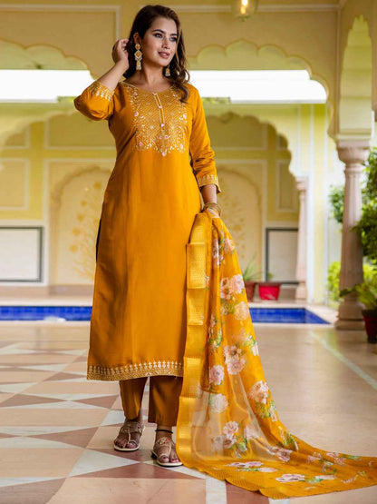 Alisha Women’s Viscose Roman Silk Embroidery Straight Kurta Pant with Dupatta Set