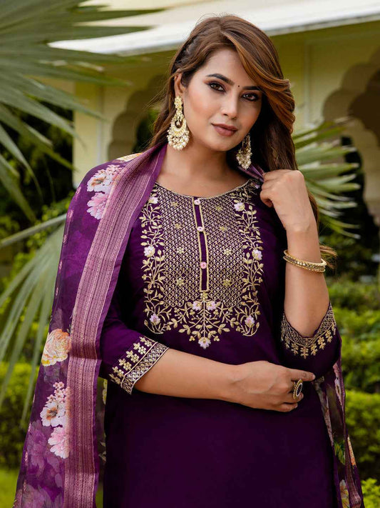 Anamika Women’s Viscose Roman Silk Embroidery Straight Kurta Pant with Dupatta Set