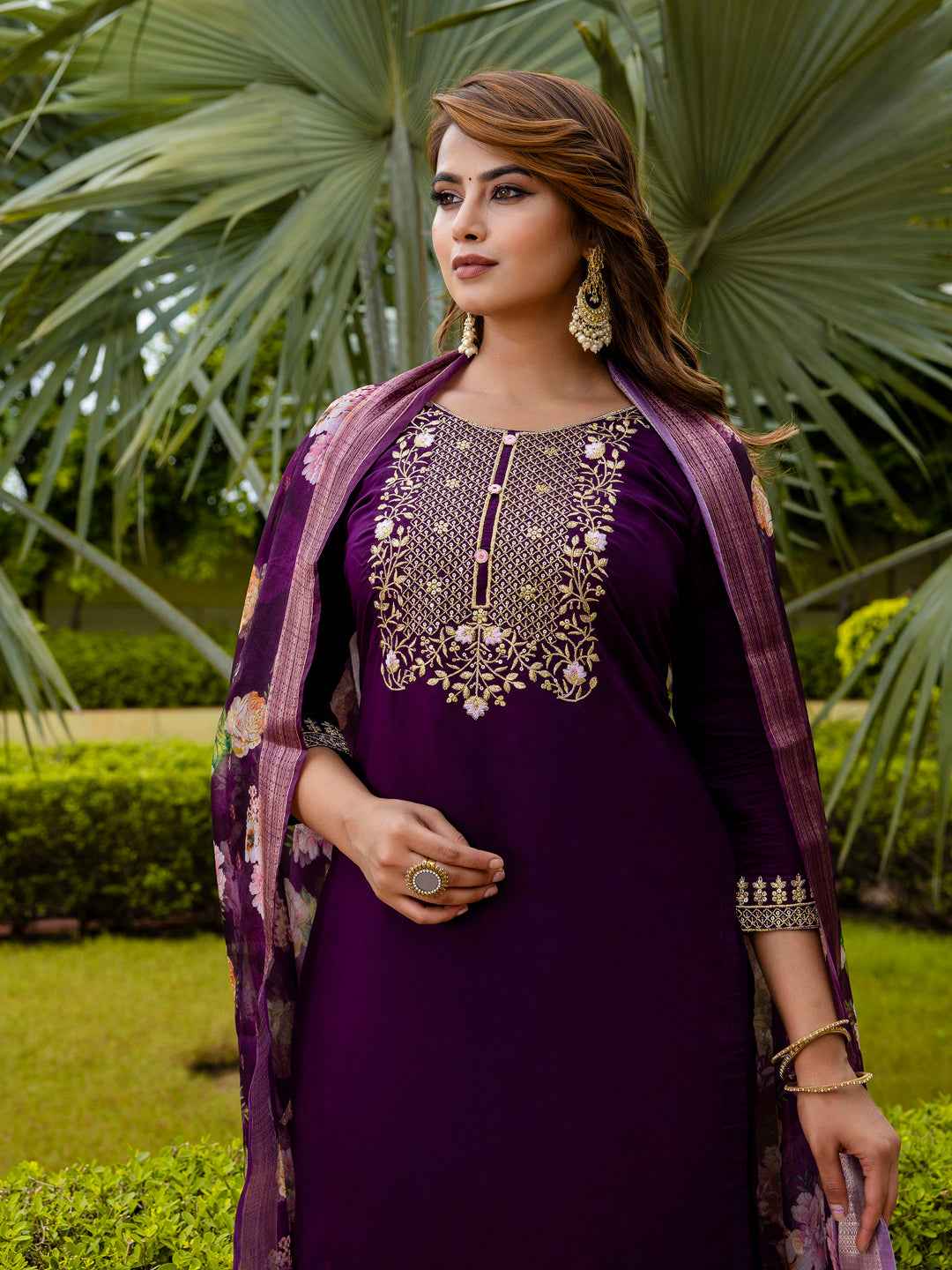 Anamika Women’s Viscose Roman Silk Embroidery Straight Kurta Pant with Dupatta Set