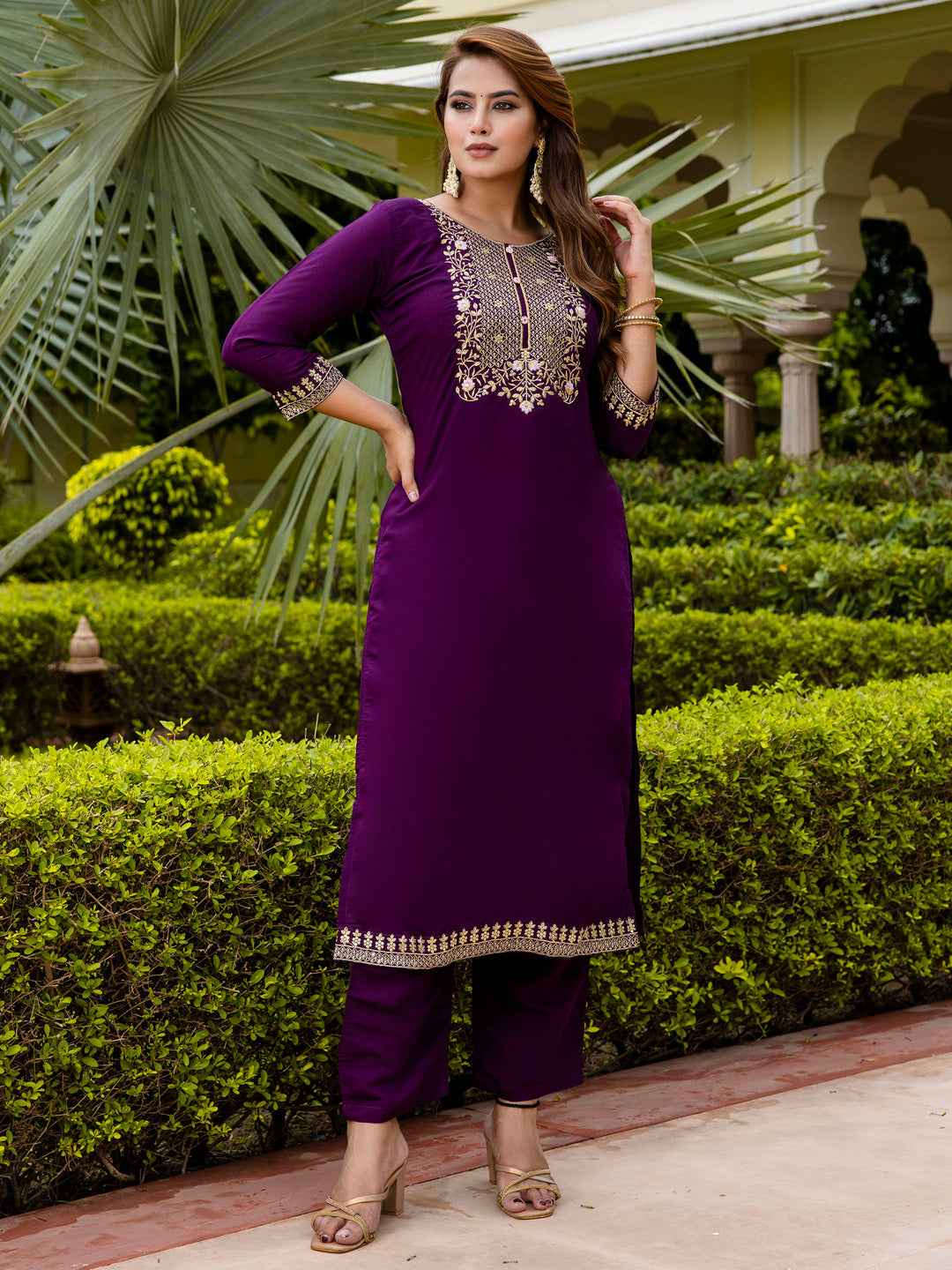 Anamika Women’s Viscose Roman Silk Embroidery Straight Kurta Pant with Dupatta Set