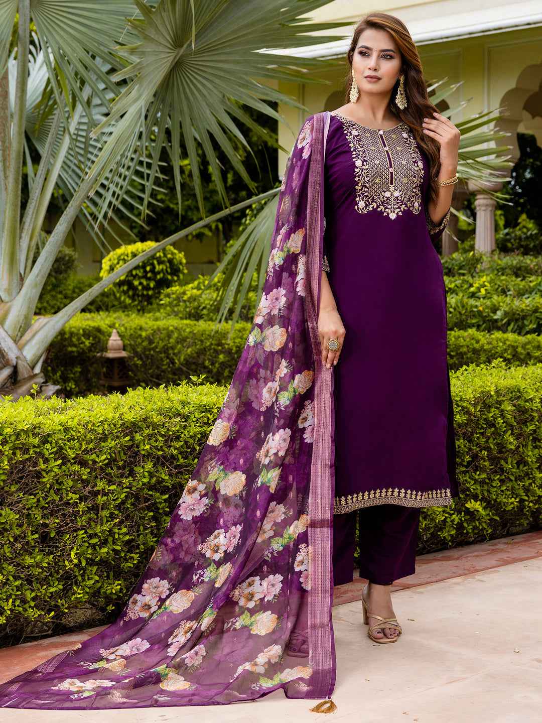 Anamika Women’s Viscose Roman Silk Embroidery Straight Kurta Pant with Dupatta Set